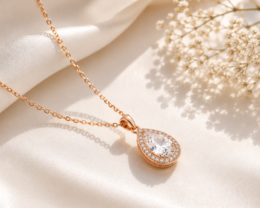 2 CT Pear Cut Moissanite Pendant Necklace 925 Sterling Silver Rose Gold Plated Halo Necklace for Women Wedding Anniversary Gift
