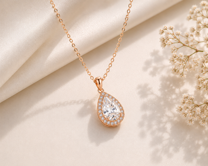 2 CT Pear Cut Moissanite Pendant Necklace 925 Sterling Silver Rose Gold Plated Halo Necklace for Women Wedding Anniversary Gift